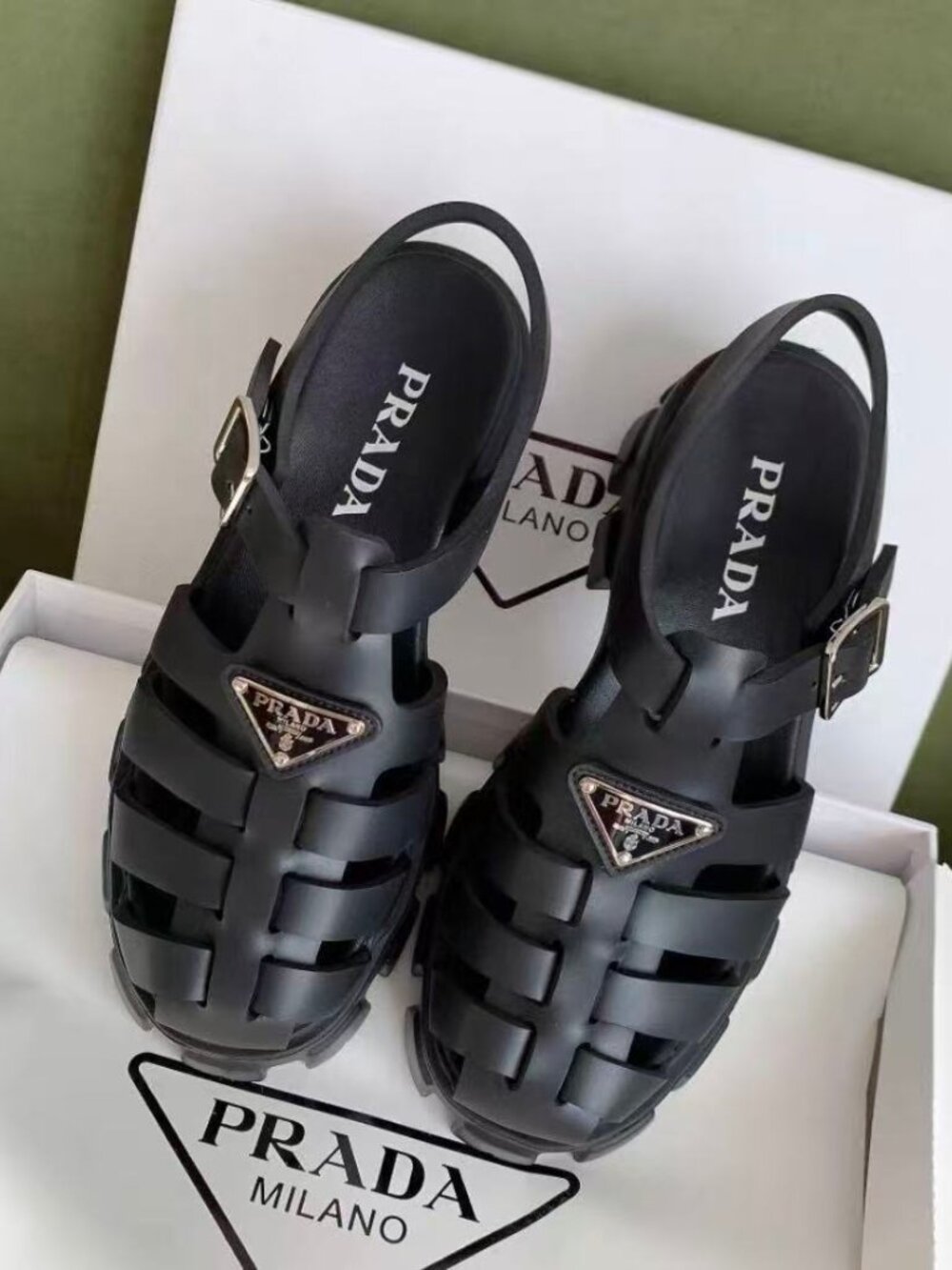 Prada Black Monolith Fisherman Chunky Sandals Triangle Logo